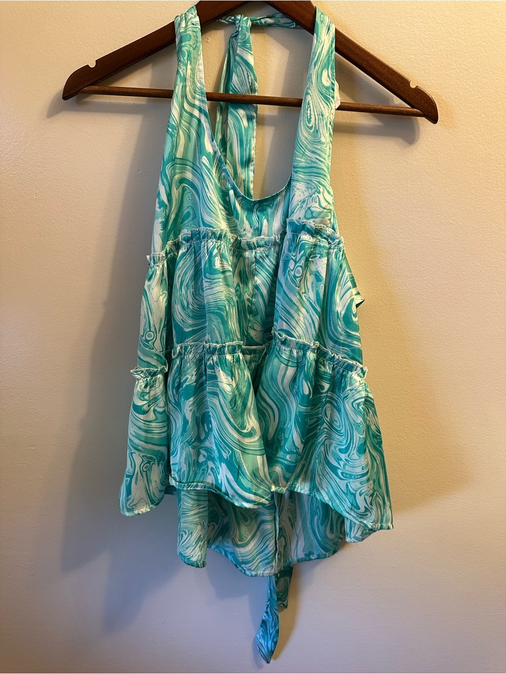 #391 Women’s Mint Green Marble-Print Ruffled Halter Top